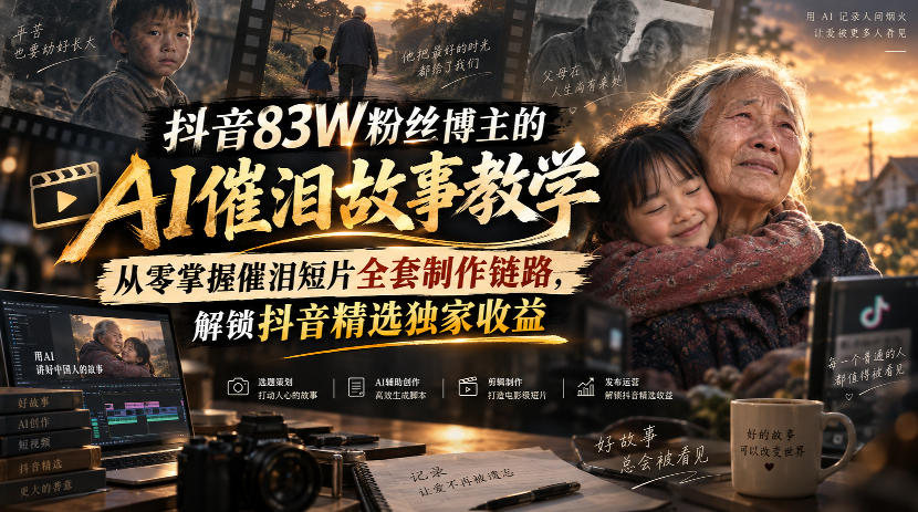 抖音83W粉丝博主的AI催泪故事教学,从零掌握催泪短片全套制作链路,解锁抖音精选独家收益-精品虚拟资源库