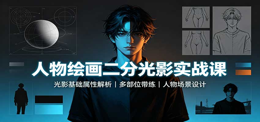 人物绘画二分光影实战课：光影基础属性解析，多部位带练，人物场景设计-精品虚拟资源库
