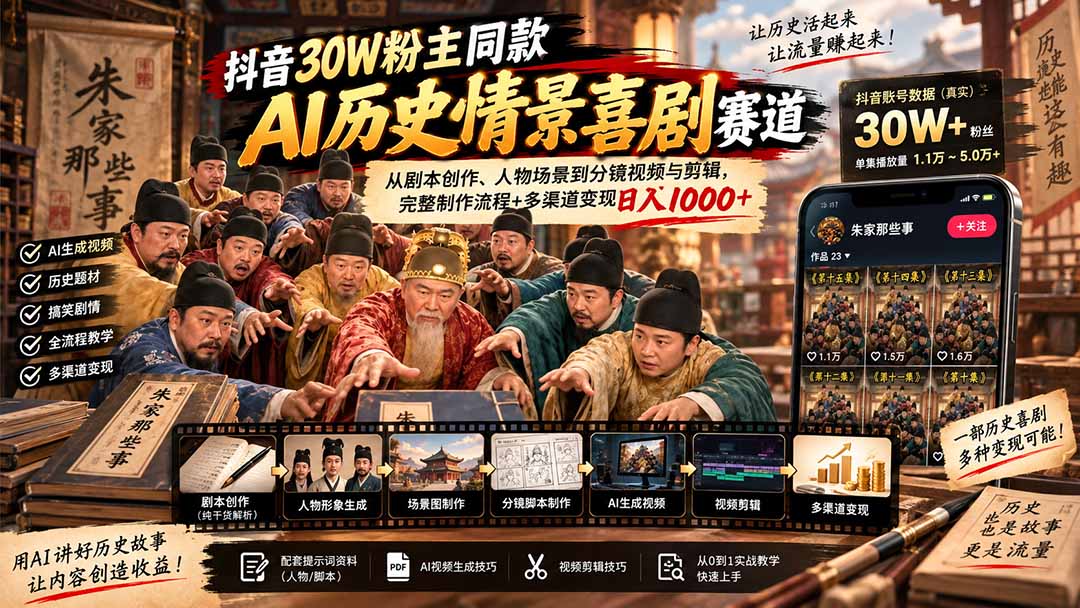 抖音30W粉博主同款AI历史情景喜剧赛道:从剧本创作、人物场景到分镜视频与剪辑,完整制作流程+多渠道变现日入1000+-精品虚拟资源库