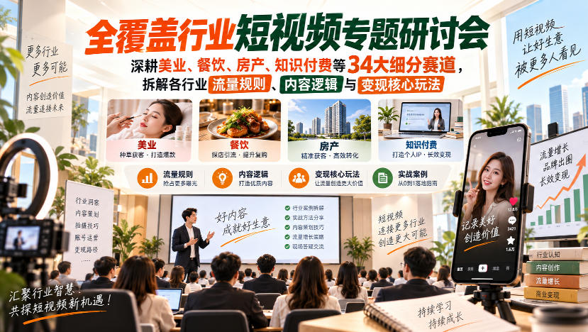 短视频专题研讨会，深耕美业、餐饮、房产、知识付费等34大细分赛道，拆解各行业流量规则、内容逻辑与变现核心玩法-精品虚拟资源库