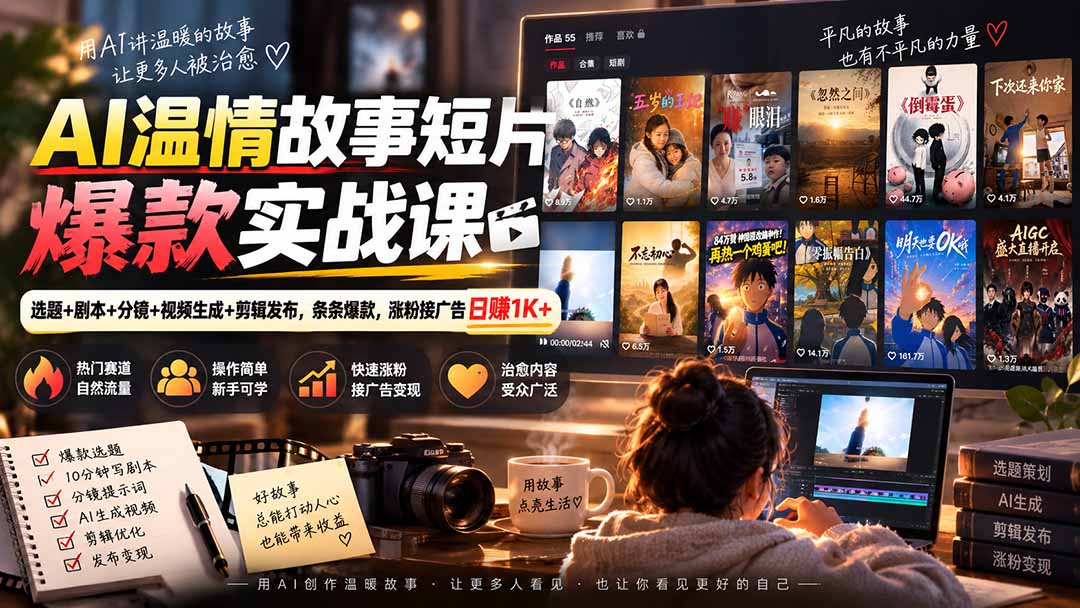 AI温情故事短片爆款实战课-更新｜选题+剧本+分镜+视频生成+剪辑发布，条条爆款，涨粉接广告日赚1K+-精品虚拟资源库