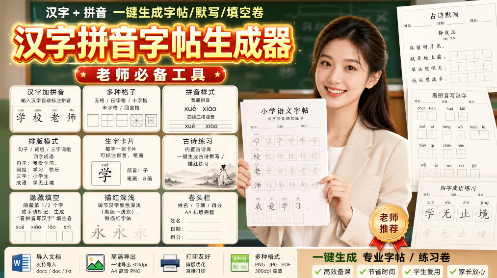 学习神器，汉字拼音字帖生成器，汉字+拼音 一键生成字帖/默写/填空卷，支持词组、成语，老师、家长必备-精品虚拟资源库