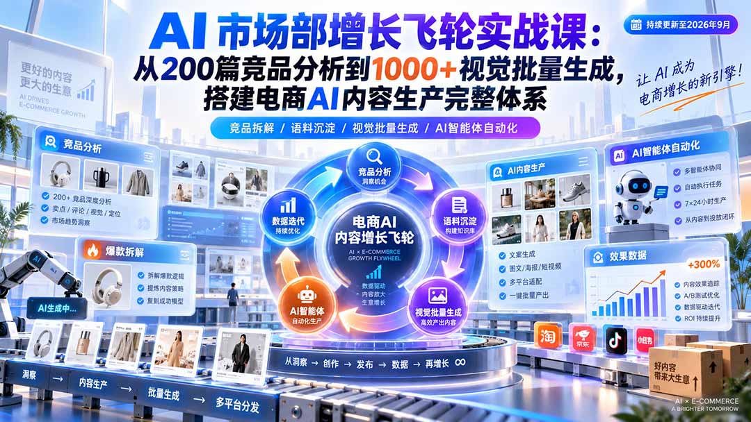 AI 市场部增长飞轮实战课:从200篇竞品分析到1000+视觉批量生成,搭建电商AI内容生产完整体系-精品虚拟资源库