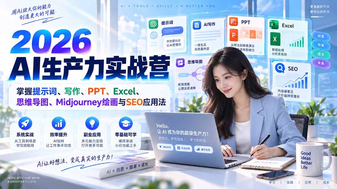 2026AI生产力实战营：掌握提示词、写作、PPT、Excel、思维导图、Midjourney绘画与SEO应用法-精品虚拟资源库
