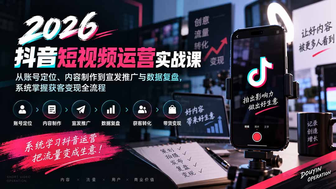 2026抖音短视频运营实战课:从账号定位、内容制作到宣发推广与数据复盘,系统掌握获客变现全流程-精品虚拟资源库