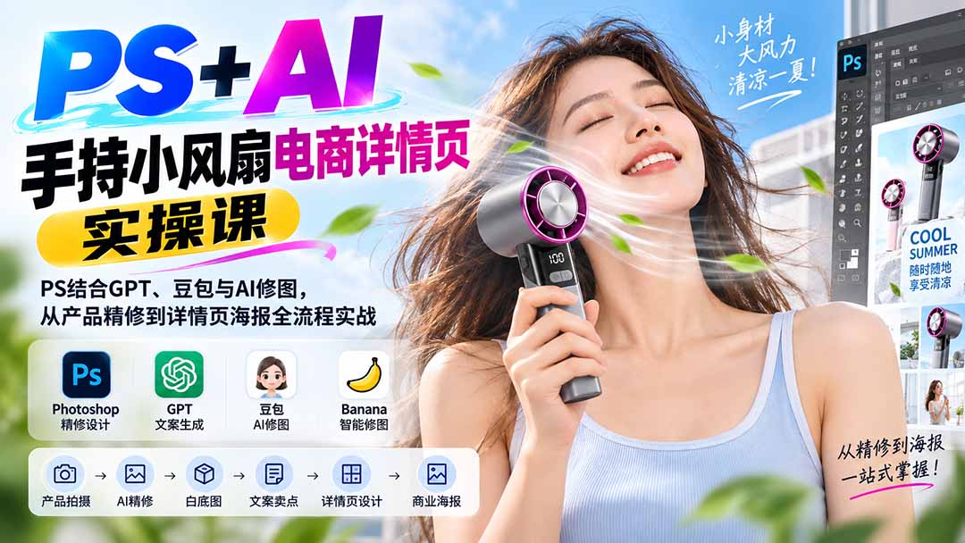 PS+AI手持小风扇电商详情页实操课:PS结合GPT、豆包与AI修图,从产品精修到详情页海报全流程实战-精品虚拟资源库