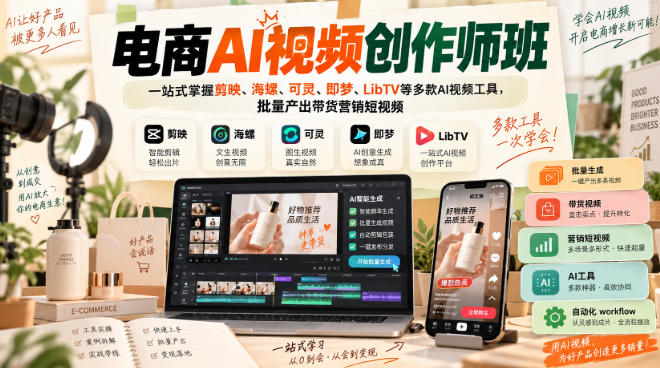 电商AI视频创作师班，一站式掌握剪映、海螺、可灵、即梦、LibTV等多款AI视频工具，批量产出带货营销短视频-精品虚拟资源库