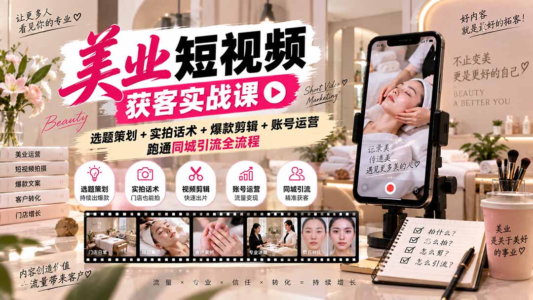 美业短视频获客实战课-无水印：选题策划+实拍话术+爆款剪辑+账号运营，跑通同城引流全流程-精品虚拟资源库