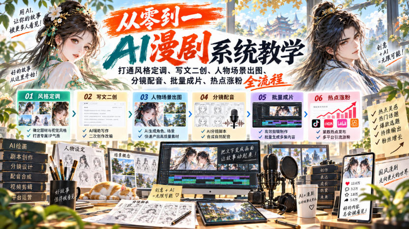 从零到一AI漫剧系统教学，打通风格定调、写文二创、人物场景出图、分镜配音、批量成片、热点涨粉全流程-精品虚拟资源库