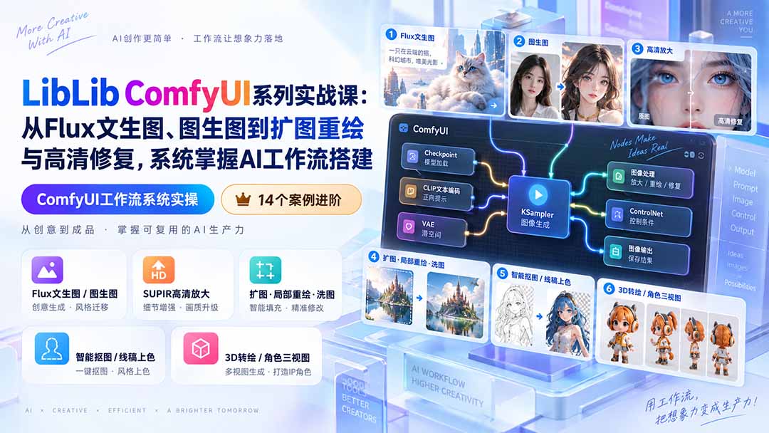 LibLib ComfyUI系列实战课:从Flux文生图、图生图到扩图重绘与高清修复,系统掌握AI工作流搭建-精品虚拟资源库