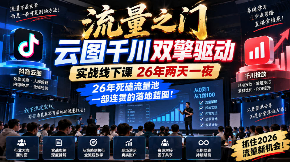流量之门-云图千川双擎驱动实战线下课26年两天一夜,26年死磕流量池一部连贯的落地蓝图!-精品虚拟资源库