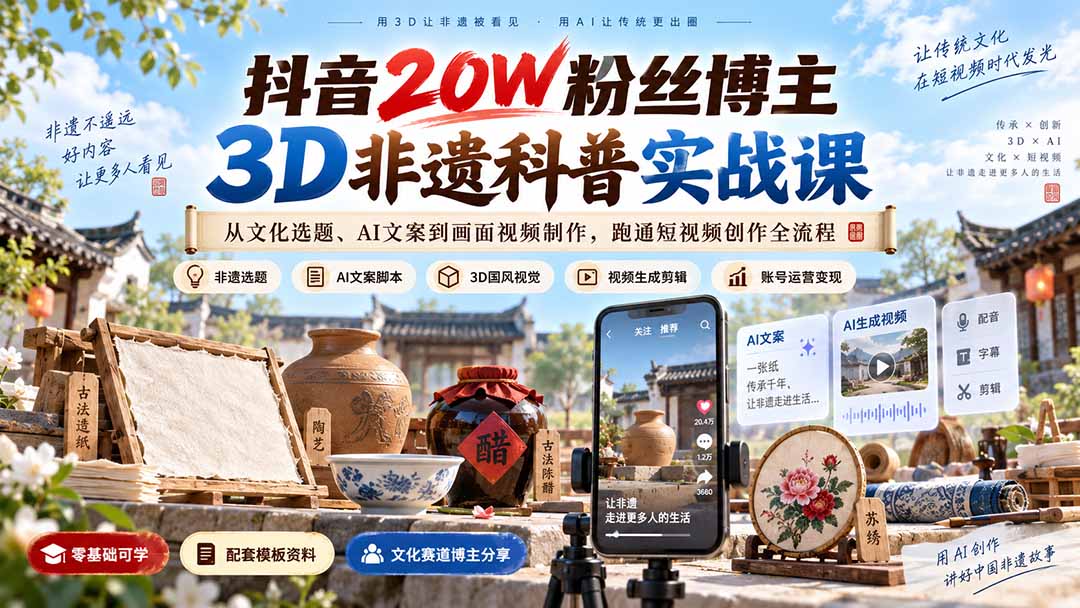 抖音20W粉丝博主3D非遗科普实战课：从文化选题、AI文案到画面视频制作，跑通短视频创作全流程-精品虚拟资源库