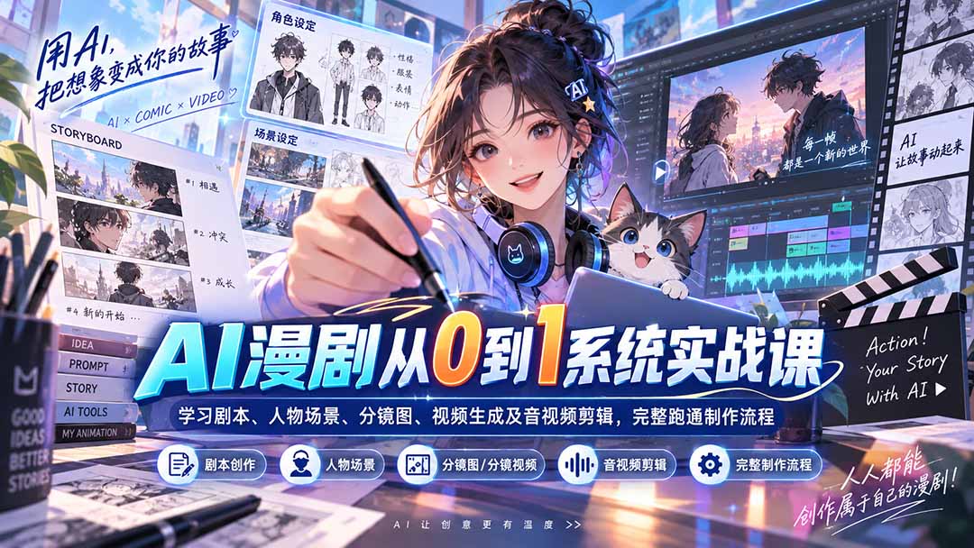 AI漫剧从0到1系统实战课:学习剧本、人物场景、分镜图、视频生成及音视频剪辑,完整跑通制作流程-精品虚拟资源库