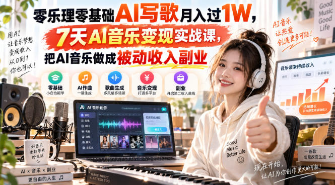 零乐理零基础AI写歌月入过1W,7天AI音乐变现实战课,把AI音乐做成被动收入副业-精品虚拟资源库