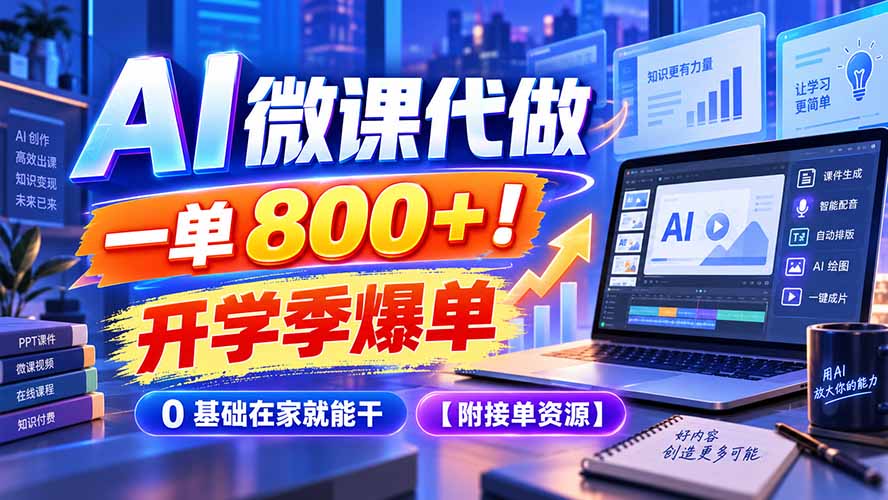 AI 微课代做，一单 800+！开学季爆单，0 基础在家就能干【附接单资源】-精品虚拟资源库