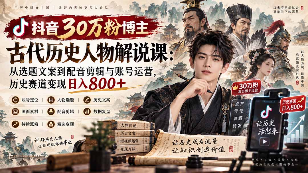 抖音30万粉博主古代历史人物解说课：从选题文案到配音剪辑与账号运营，历史赛道变现日入800+-精品虚拟资源库