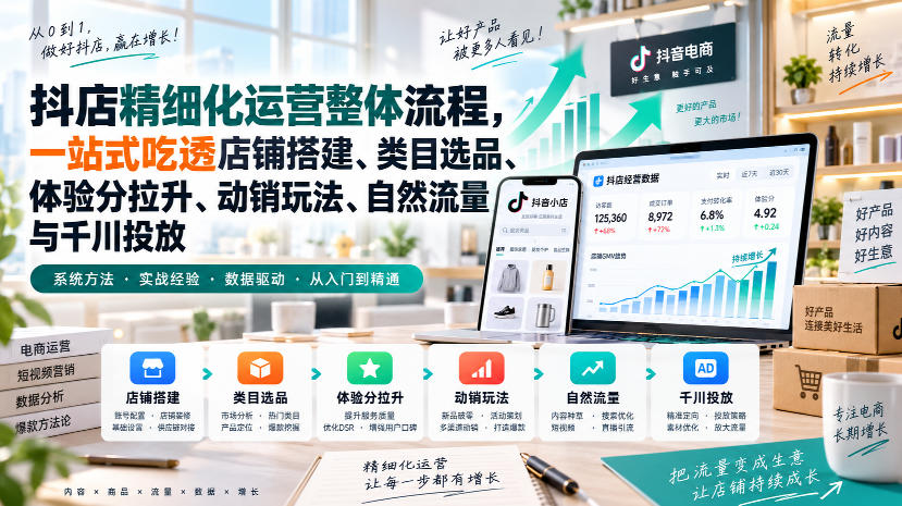 李哥电商-抖店精细化运营整体流程，一站式吃透店铺搭建、类目选品、体验分拉升、动销玩法、自然流量与千川投放-精品虚拟资源库