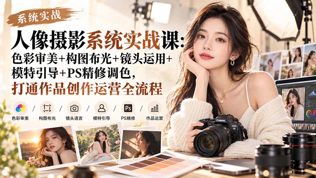 【无水印】人像摄影系统实战课：色彩审美+构图布光+镜头运用+模特引导+PS精修调色，打通作品创作运营全流程-精品虚拟资源库