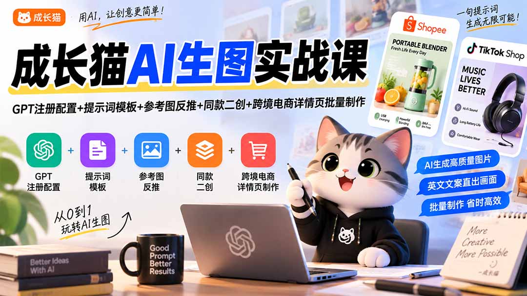 成长猫AI生图实战课｜GPT注册配置+提示词模板+参考图反推+同款二创+跨境电商详情页批量制作-精品虚拟资源库