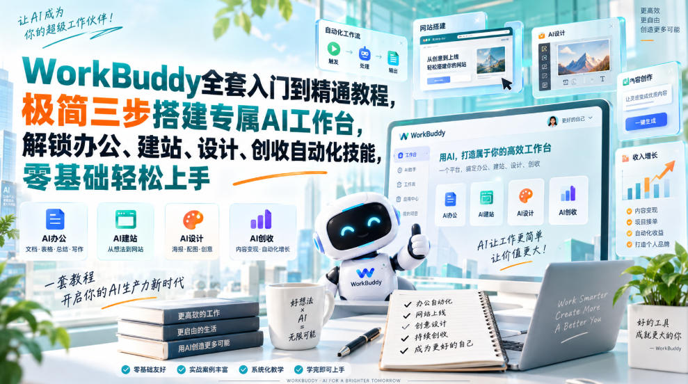 WorkBuddy全套入门到精通教程,极简三步搭建专属AI工作台,解锁办公、建站、设计、创收自动化技能,零基础轻松上手-精品虚拟资源库