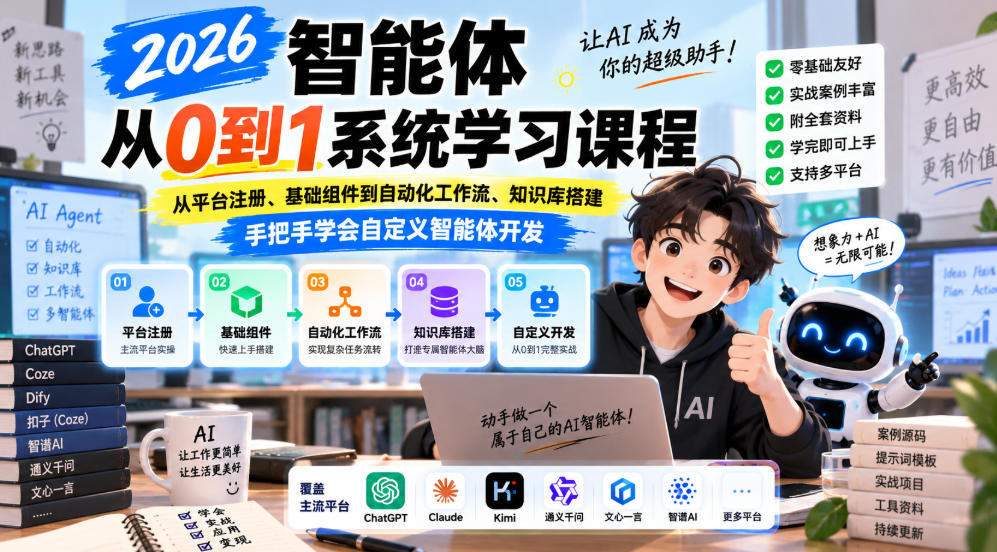 2026智能体从0到1系统学习课程,从平台注册、基础组件到自动化工作流、知识库搭建,手把手学会自定义智能体开发-精品虚拟资源库