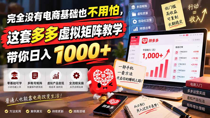 完全没有电商基础也不用怕，这套多多虚拟矩阵教学带你日入 1000+-精品虚拟资源库