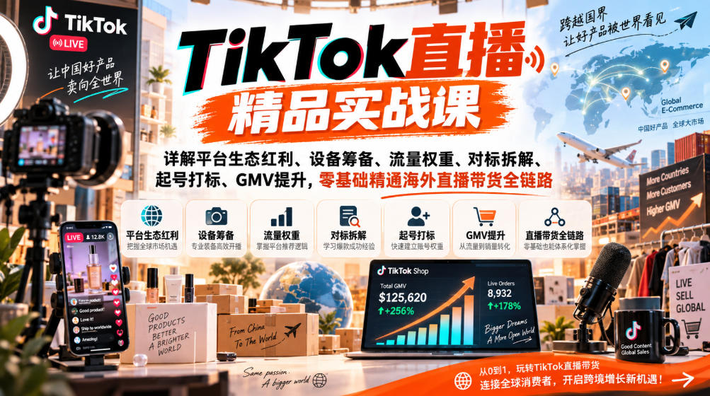 TikTok直播精品实战课,详解平台生态红利、设备筹备、流量权重、对标拆解、起号打标、GMV提升,零基础精通海外直播带货全链路-精品虚拟资源库