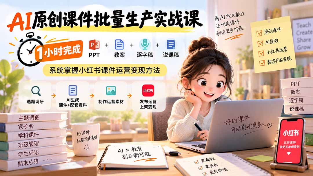 AI原创课件批量生产实战课：1小时完成PPT+教案+逐字稿+说课稿，系统掌握小红书课件运营变现方法-精品虚拟资源库