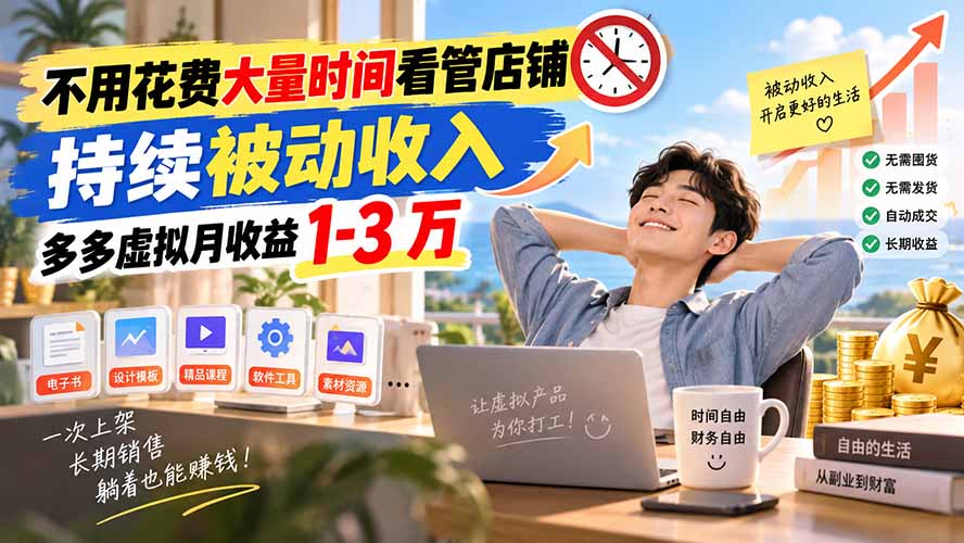 不用花费大量时间看管店铺,持续被动收入,多多虚拟月收益 1-3 万-精品虚拟资源库