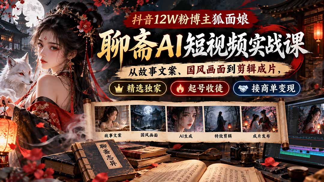 抖音12W粉博主狐面娘-聊斋AI短视频实战课:从故事文案、国风画面到剪辑成片,精选独家+起号收徒+接商单变现-精品虚拟资源库