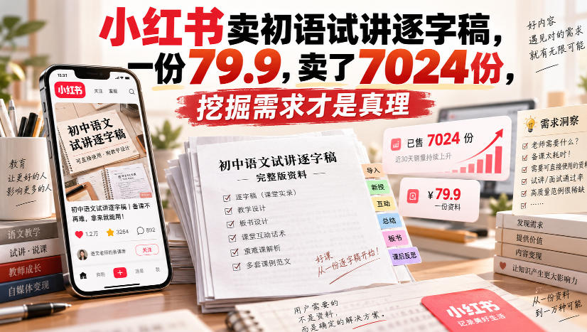 小红书卖初语试讲逐字稿,一份79.9,卖了7024份,挖掘需求才是真理-精品虚拟资源库