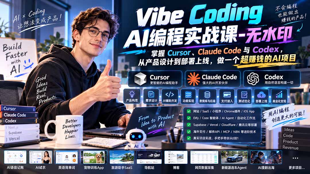Vibe Coding AI编程实战课-无水印:掌握Cursor、Claude Code与Codex,从产品设计到部署上线,做一个超赚钱的AI项目-精品虚拟资源库