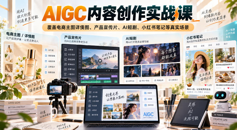 AIGC内容创作实战课,覆盖电商主图详情图、产品宣传片、AI短剧、小红书笔记等真实场景-精品虚拟资源库