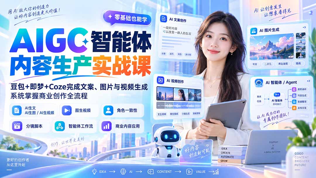 AIGC智能体内容生产实战课：豆包+即梦+Coze完成文案、图片与视频生成，系统掌握商业创作全流程-精品虚拟资源库