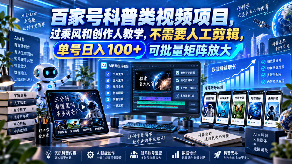 百家号科普类视频项目，过乘风和创作人教学，不需要人工剪辑，单号日入100+可批量矩阵放大-精品虚拟资源库