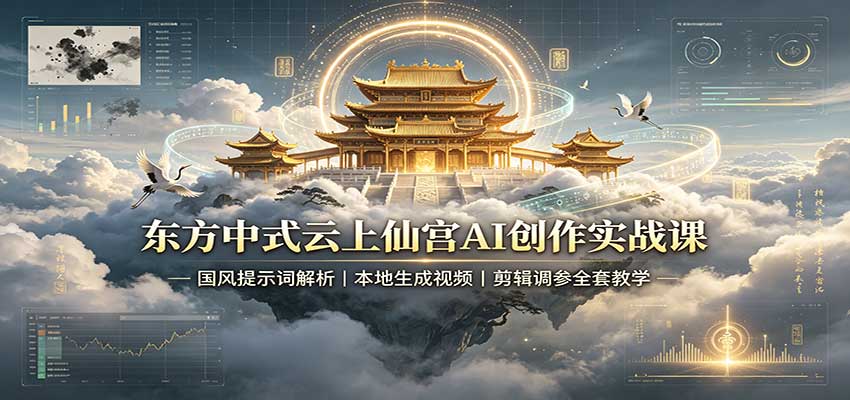 东方中式云上仙宫AI创作实战课:国风提示词解析,本地生成视频,剪辑调参全套教学-精品虚拟资源库