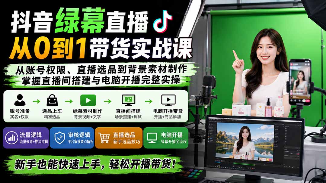 抖音绿幕直播从0到1带货实战课：从账号权限、直播选品到背景素材制作，掌握直播间搭建与电脑开播完整实操-精品虚拟资源库