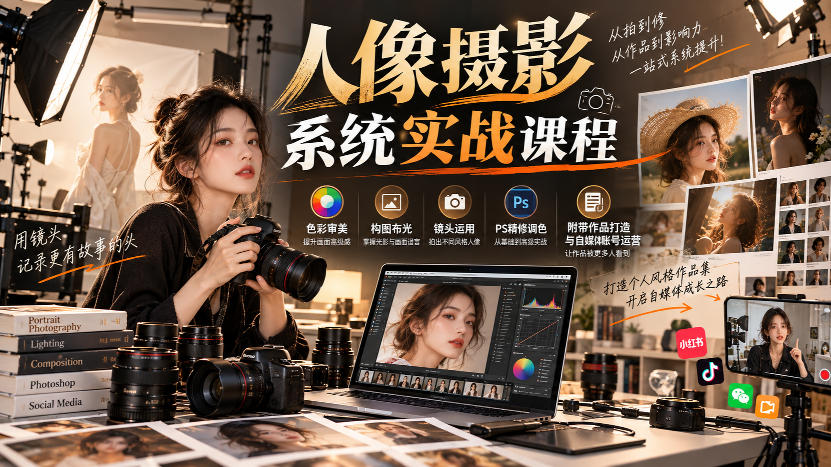 【无水印】人像摄影系统实战课程，色彩审美、构图布光、镜头运用、PS精修调色，附带作品打造与自媒体账号运营-精品虚拟资源库