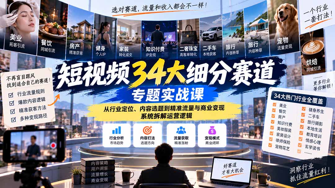短视频34大细分赛道专题实战课：从行业定位、内容选题到精准流量与商业变现，系统拆解运营逻辑-精品虚拟资源库