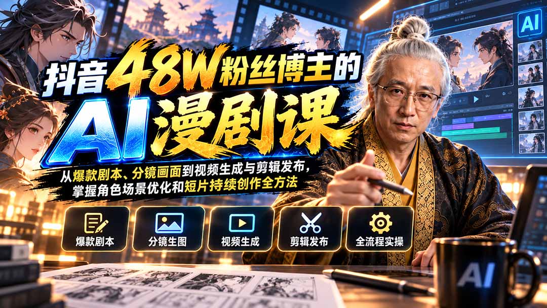 抖音48W粉丝博主的AI漫剧课：从爆款剧本、分镜画面到视频生成与剪辑发布，掌握角色场景优化和短片持续创作全方法-精品虚拟资源库