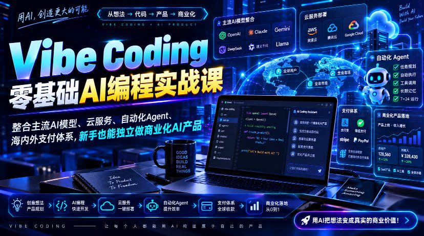Vibe Coding零基础AI编程实战课-无水印,整合主流AI模型、云服务、自动化Agent、海内外支付体系,新手也能独立做商业化AI产品-精品虚拟资源库