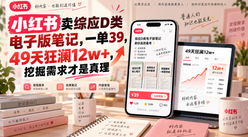 小红书卖综应D类电子版笔记，一单39，49天狂澜12w+，挖掘需求才是真理-精品虚拟资源库