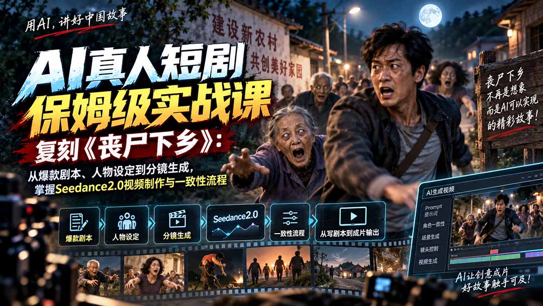 AI真人短剧保姆级实战课，复刻《丧尸下乡》：从爆款剧本、人物设定到分镜生成，掌握Seedance2.0视频制作与一致性流程-精品虚拟资源库