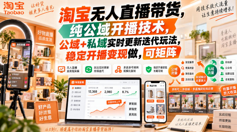 淘宝无人直播带货，纯公域开播技术，公域+私域实时更新迭代玩法，稳定开播变现做，可矩阵【揭秘】-精品虚拟资源库