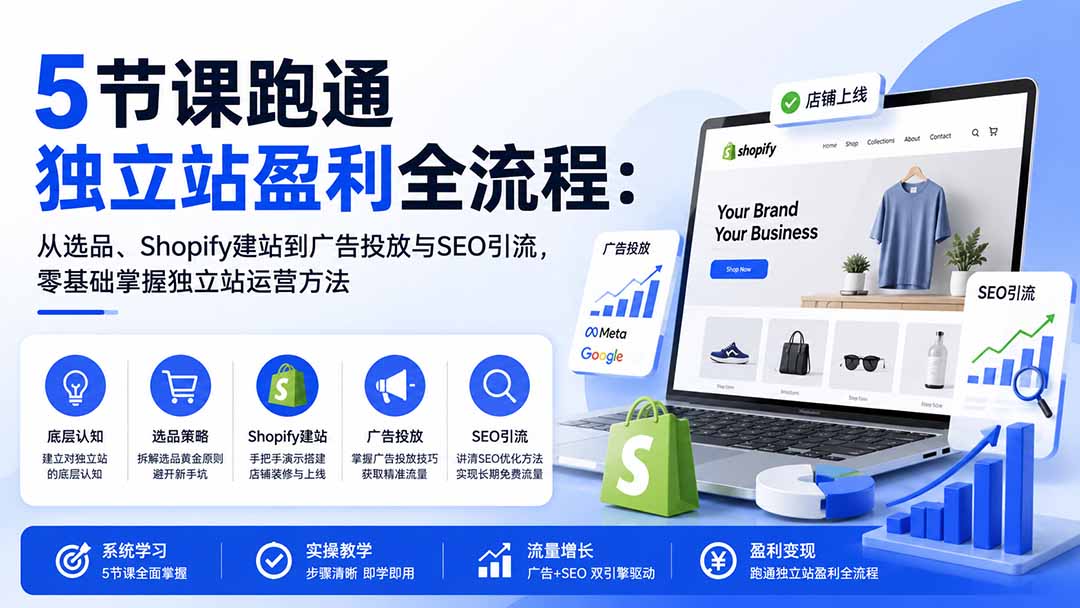 图片[1]-5节课跑通独立站盈利全流程：从选品、Shopify建站到广告投放与SEO引流，零基础掌握独立站运营方法-精品虚拟资源库