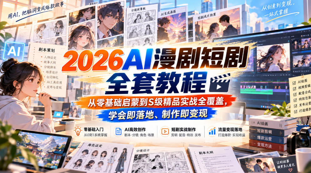 2026AI漫剧短剧全套教程,从零基础启蒙到S级精品实战全覆盖,学会即落地、制作即变现-精品虚拟资源库