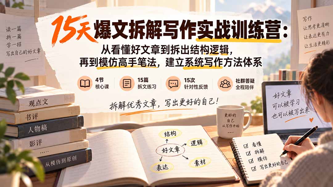15天爆文拆解写作实战训练营：从看懂好文章到拆出结构逻辑，再到模仿高手笔法，建立系统写作方法体系-精品虚拟资源库