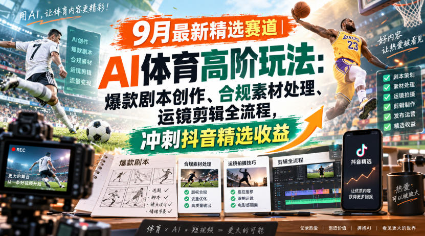 某大佬的9月最新精选赛道之AI体育顶级玩法,爆款剧本创作、版权规避、运镜剪辑全流程,稳拿抖音精选收益-精品虚拟资源库