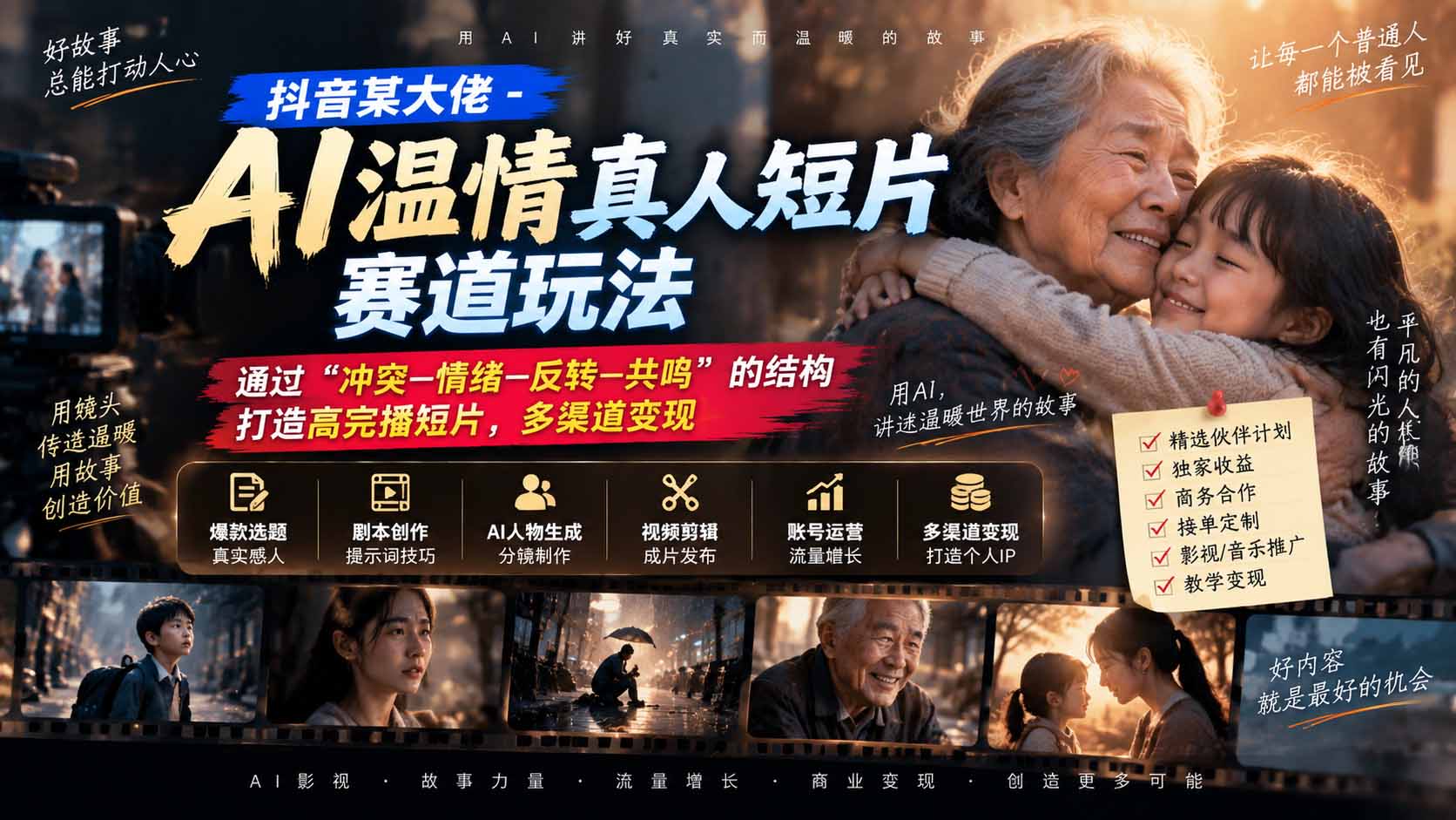 抖音某大佬-AI温情真人短片赛道玩法:通过“冲突—情绪—反转—共鸣”的结构打造高完播短片,多渠道变现-精品虚拟资源库