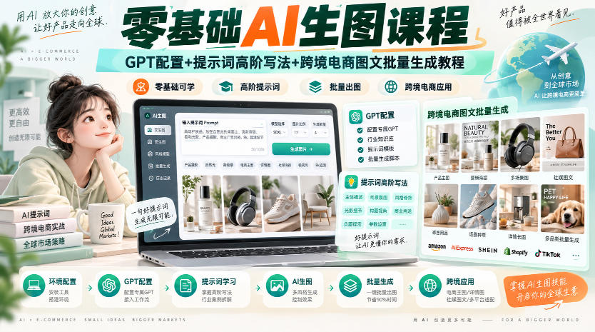 零基础AI生图课程,GPT配置+提示词高阶写法+跨境电商图文批量生成教程-精品虚拟资源库